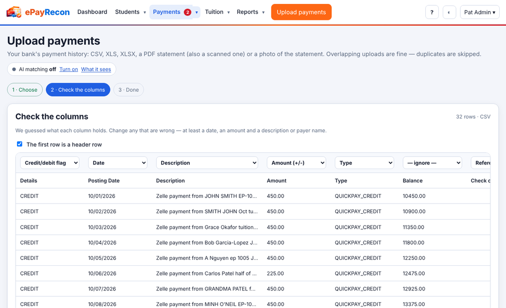 Checking the columns of a bank file